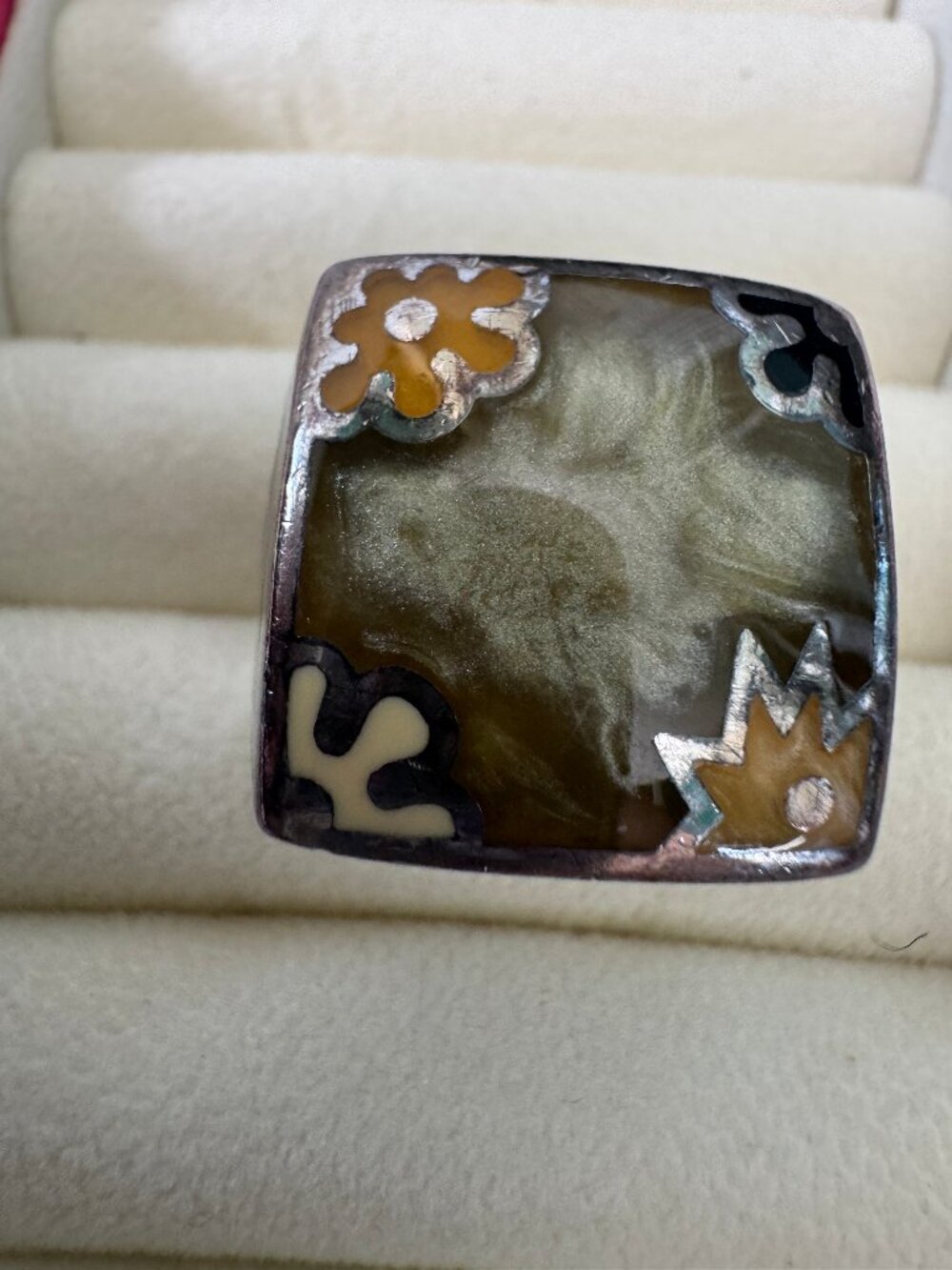 Alan K Design 925 Sterling Silver Olive Green Floral Enamel Square Ring